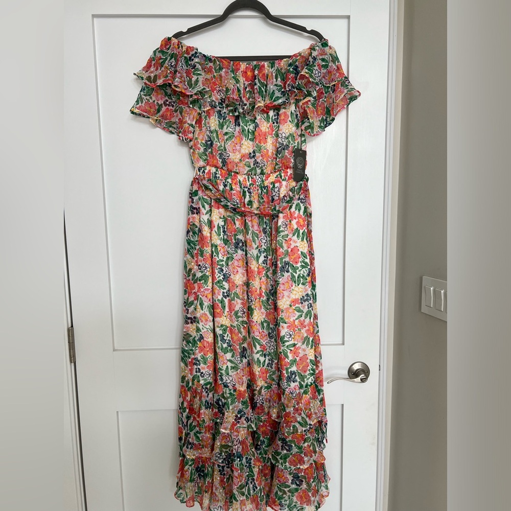 Vince Camuto off shoulder ruffle dress with tie waste new with tag